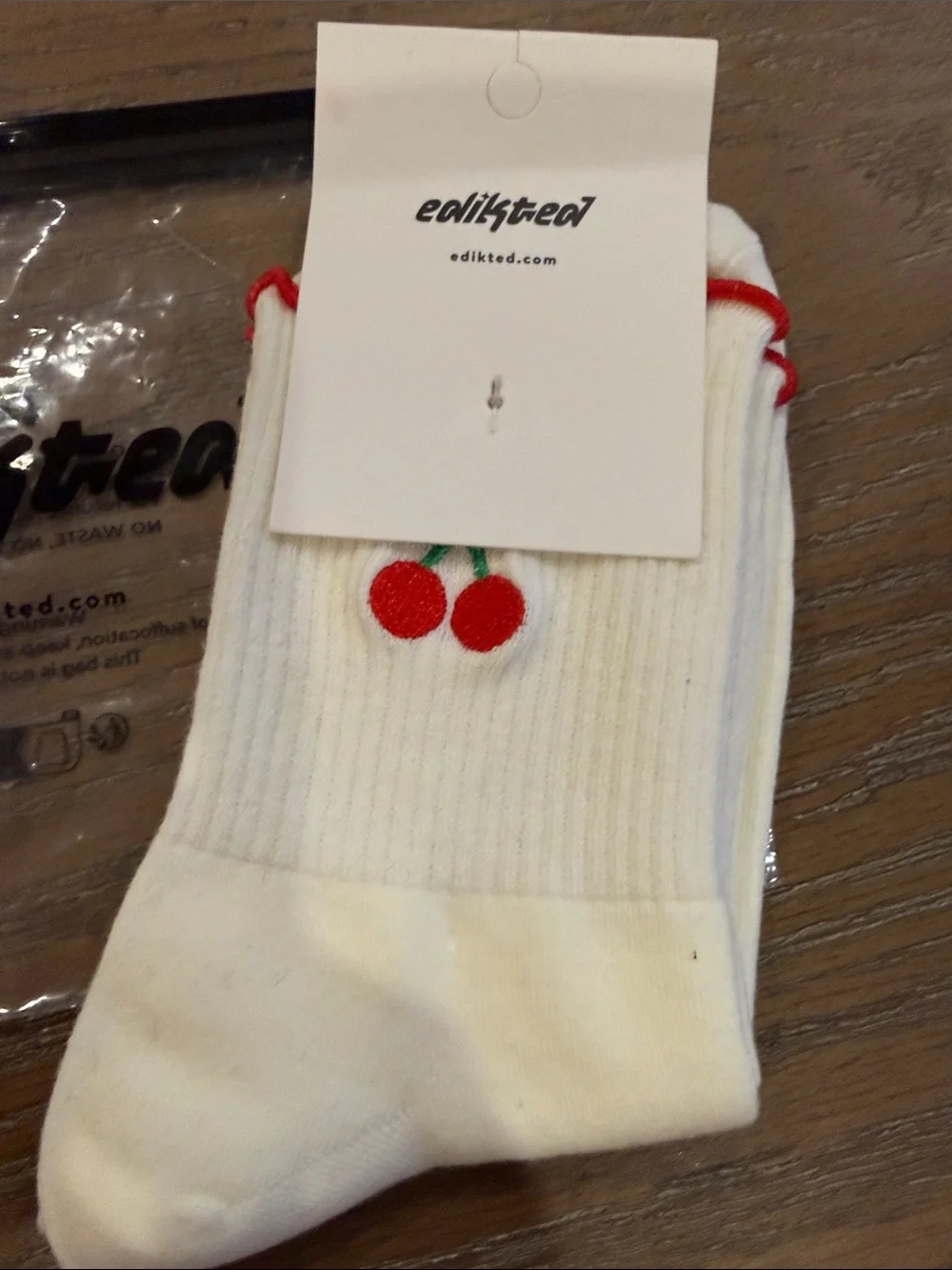 Edikted White Crew Socks with Red Cherry Detail